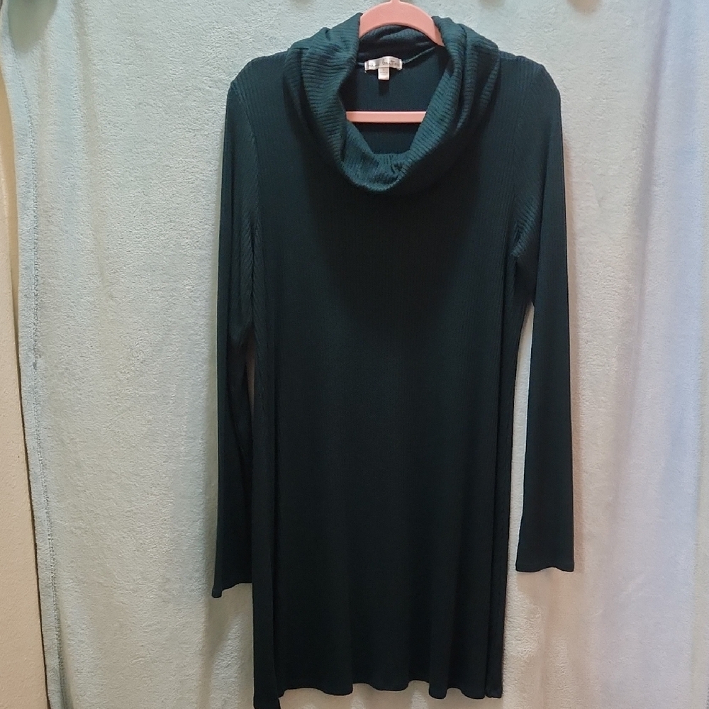 Nine Britton Deep Emerald Ribbed Cowl Neck Sweater Dress